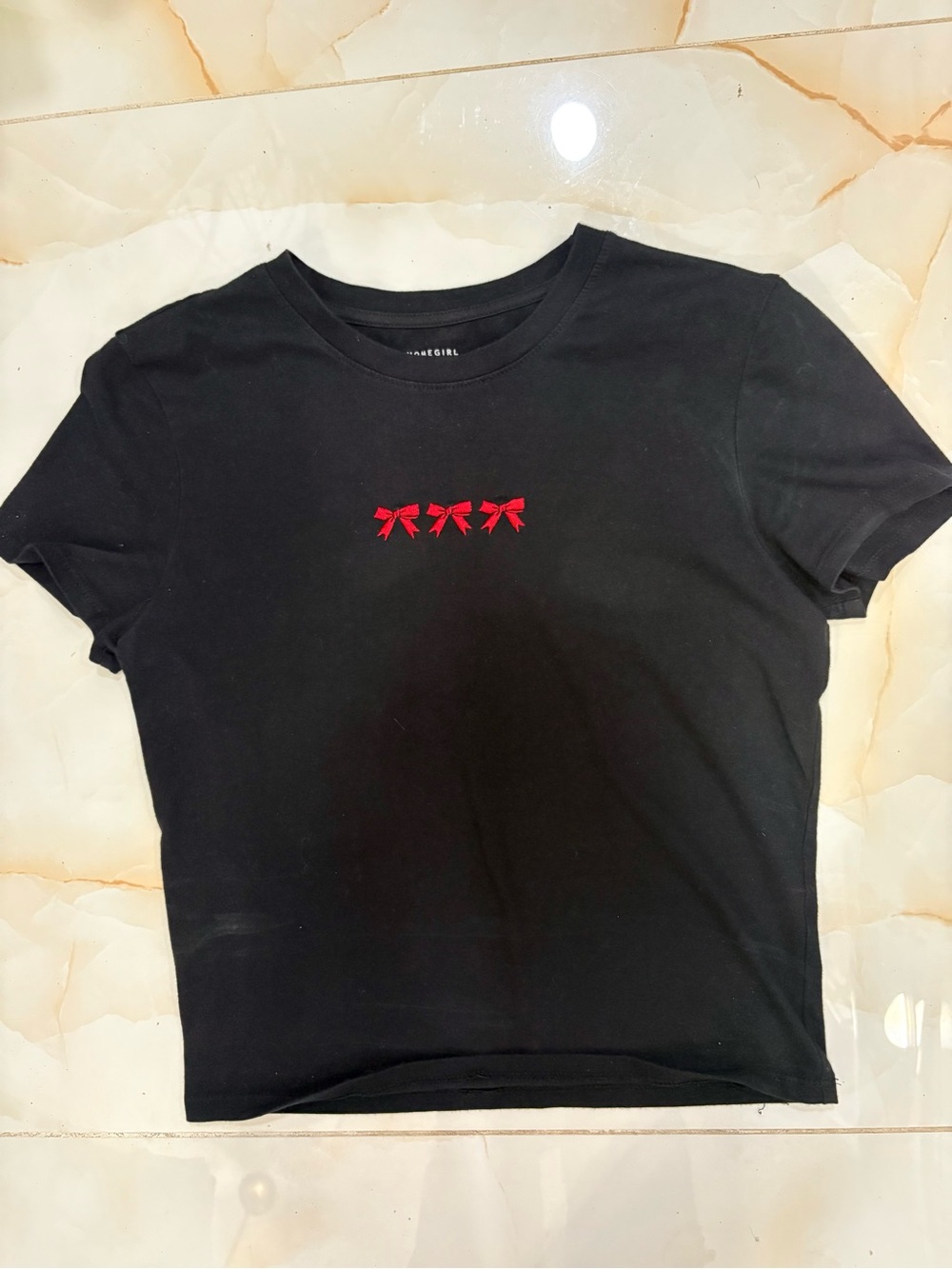 Homegirl Society Black Short Sleeve Tee with Red Bow Embroidery Women’s Size S